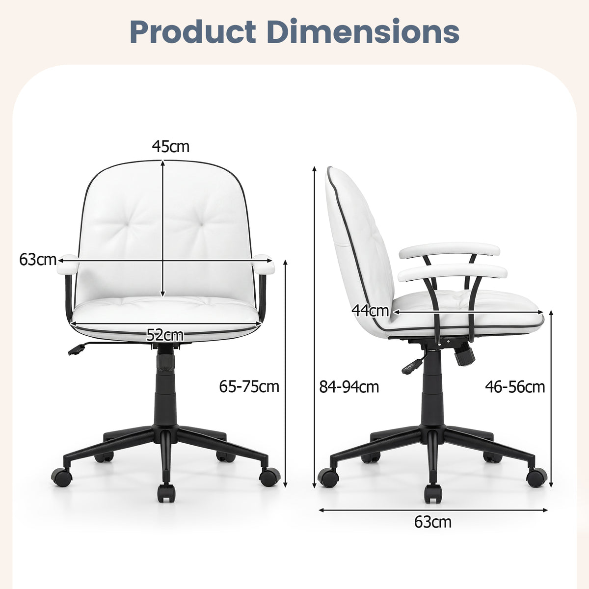 Home Office Desk Chair PU Leather Makeup Vanity Chair with Adjustable Height and Rocking Function-White