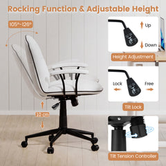 Home Office Desk Chair PU Leather Makeup Vanity Chair with Adjustable Height and Rocking Function-White