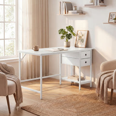 Home Office Desk Modern Computer Workstation with 2 Foldable Fabric Drawers-White