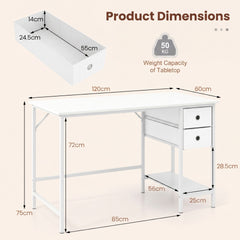 Home Office Desk Modern Computer Workstation with 2 Foldable Fabric Drawers-White