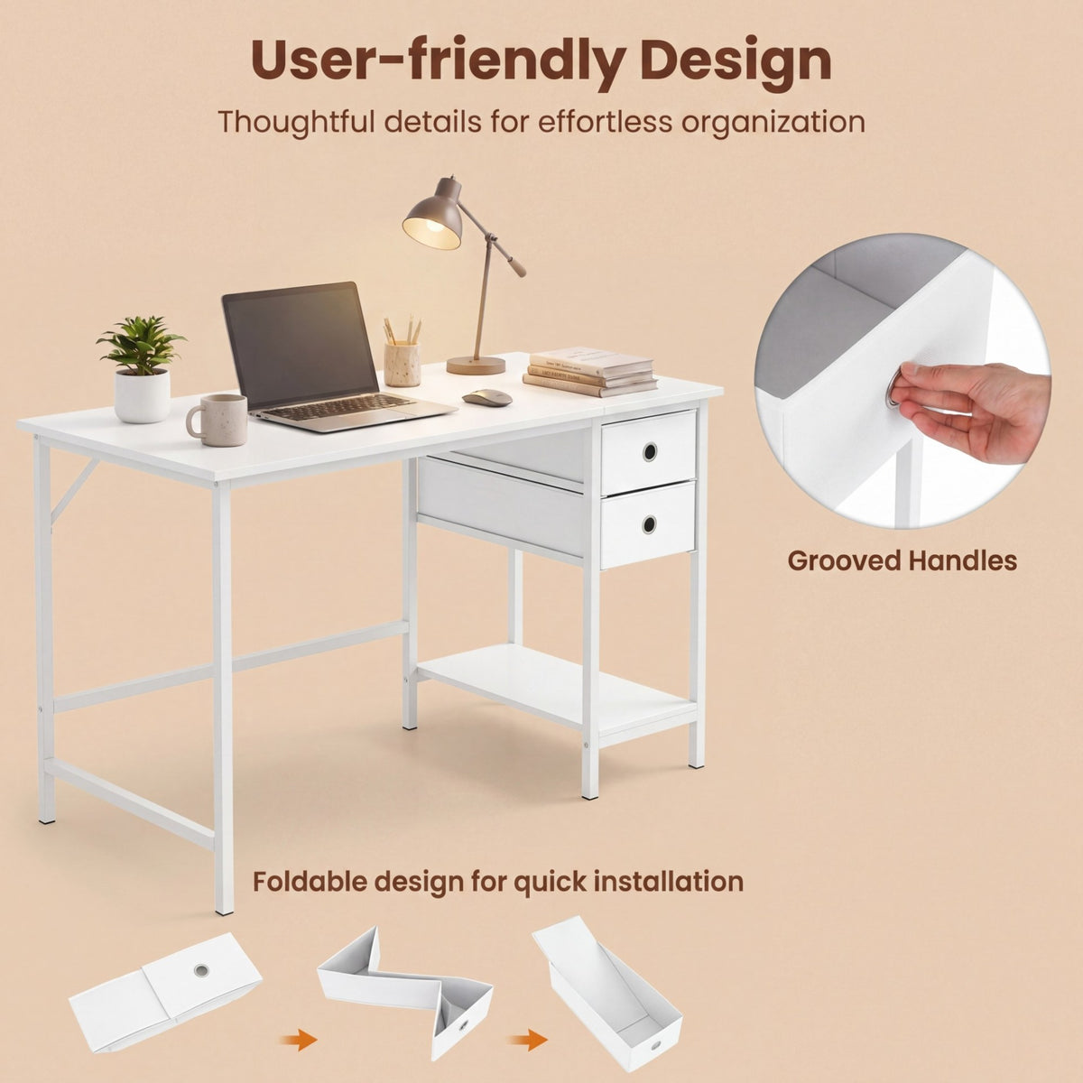 Home Office Desk Modern Computer Workstation with 2 Foldable Fabric Drawers-White