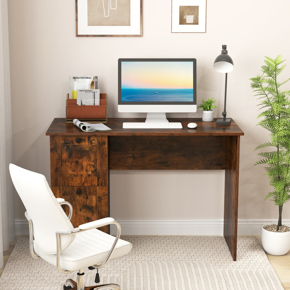 Rustic brown writing desk with computer and chair in a home office environment