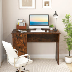 Rustic brown writing desk with computer and chair in a home office environment