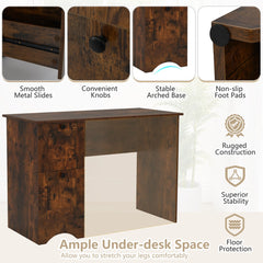 Close up details of the rustic brown office desk, showing drawers and construction