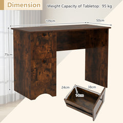 Dimension diagram for the rustic brown office desk, showing height, width and depth