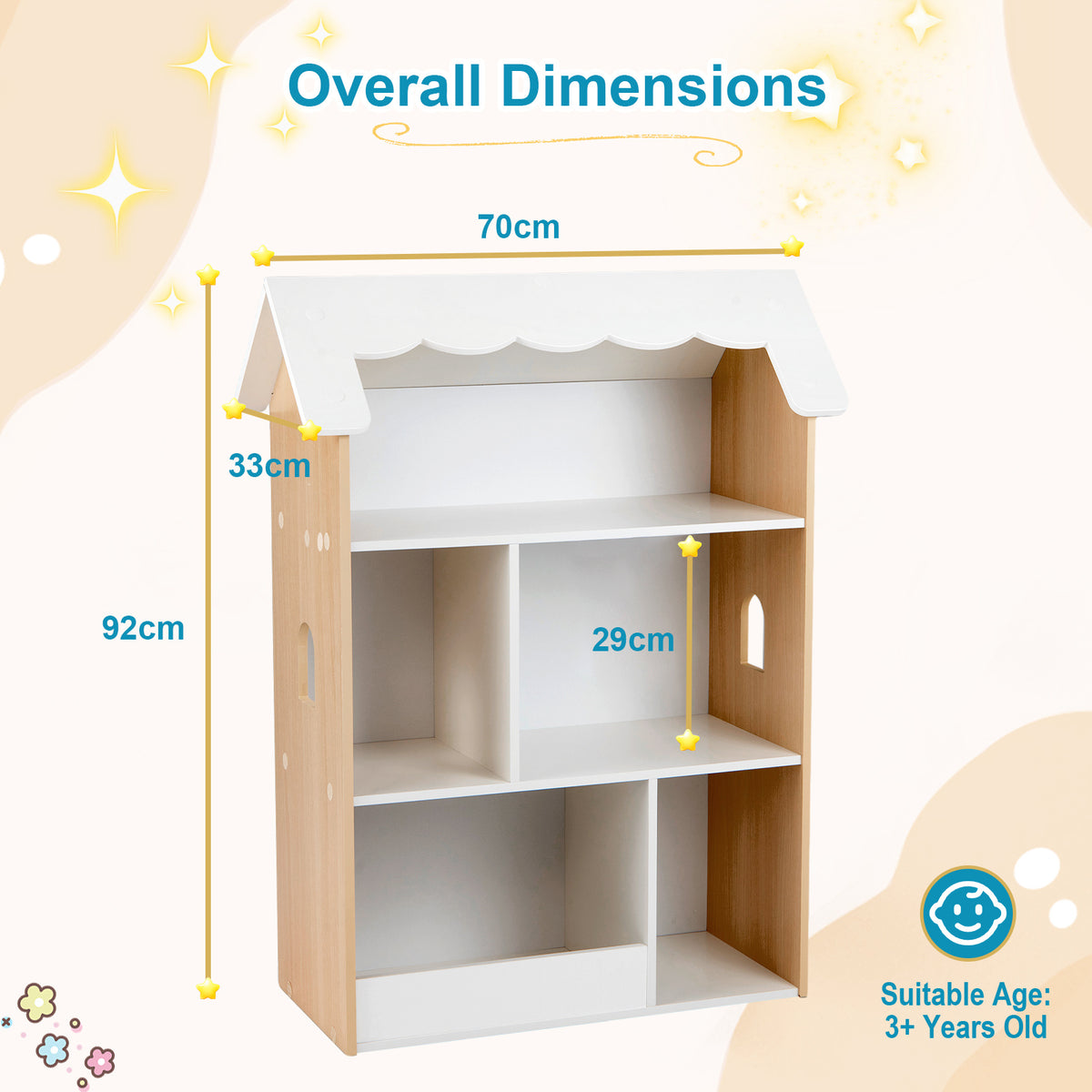 House-Shaped Kids Bookshelf with Roof and Windows for Playroom-White