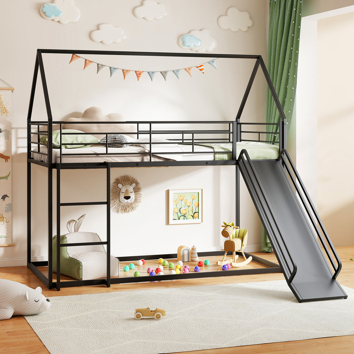 190 x 90 cm House Bunk Bed with Slide and Safety Guardrail Ladder-Black