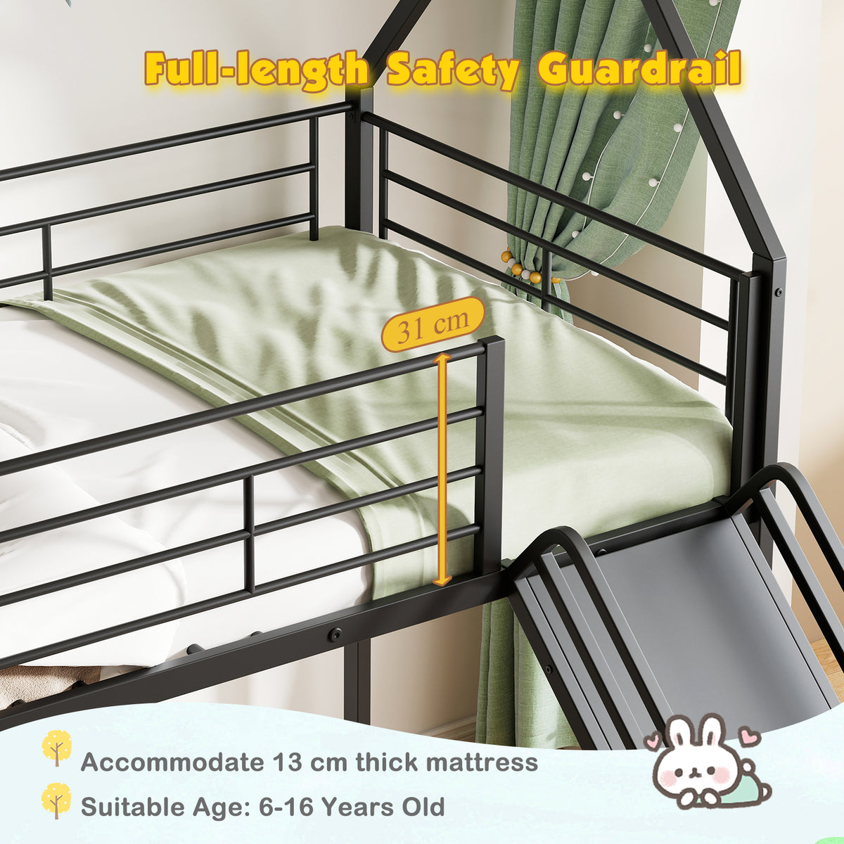 190 x 90 cm House Bunk Bed with Slide and Safety Guardrail Ladder-Black