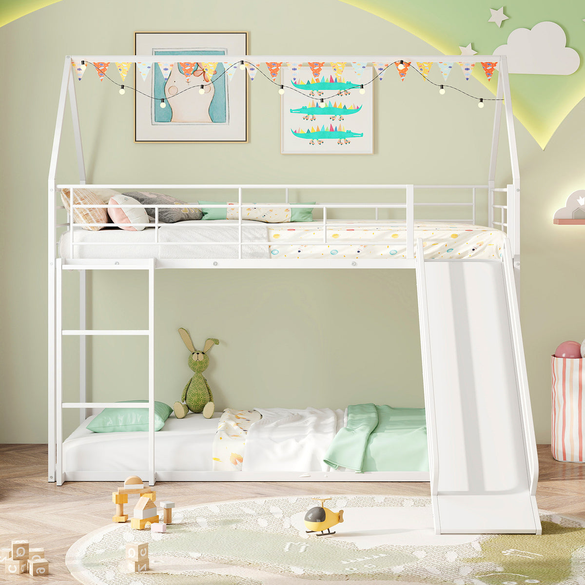 190 x 90 cm House Bunk Bed with Slide and Safety Guardrail Ladder-White