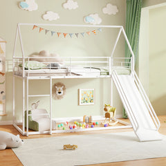 190 x 90 cm House Bunk Bed with Slide and Safety Guardrail Ladder-White