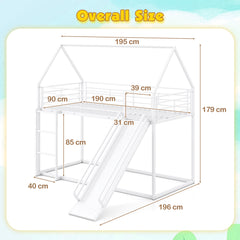 190 x 90 cm House Bunk Bed with Slide and Safety Guardrail Ladder-White