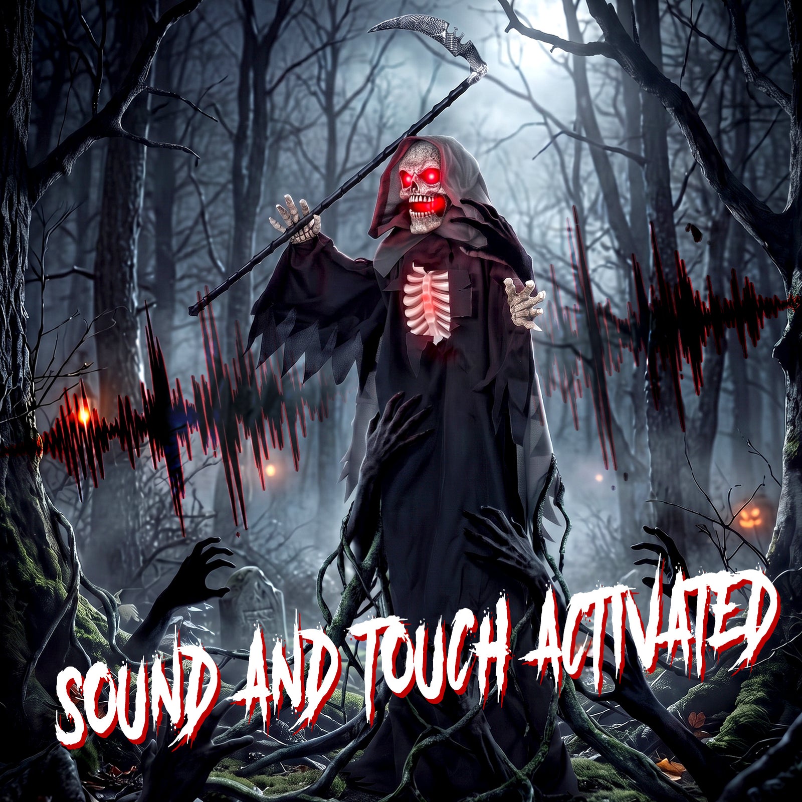 HOMCOM 170cm Life Size Animated Grim Reaper Halloween Decoration, Scary Halloween Animatronics Decor with Sound Touch Activated