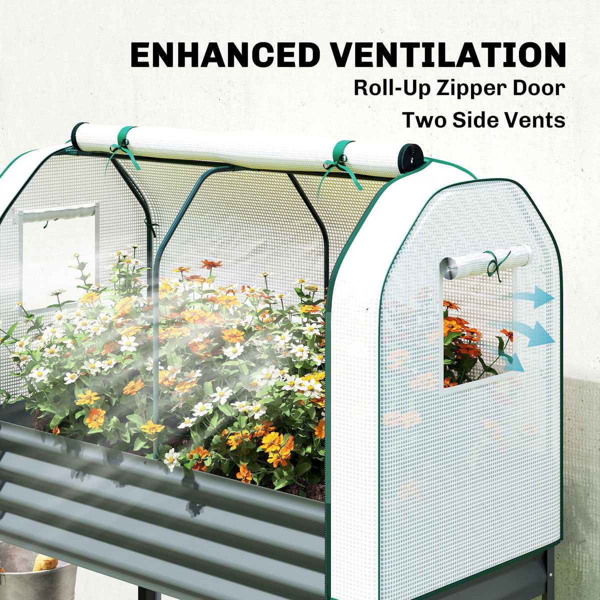 Outsunny Galvanised Raised Planter with Greenhouse Cover, Metal Raised Garden Bed on Legs with Bed Liner and Bottom Shelf