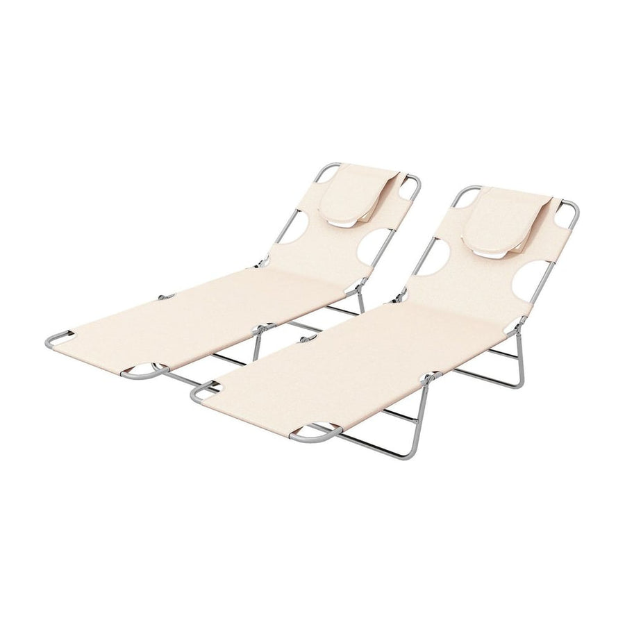 Outsunny Foldable Sun Lounger Set of 2, Beach Chaise Lounges with Reading Hole, Arm Slots, 5-Position Adjustable Backrest