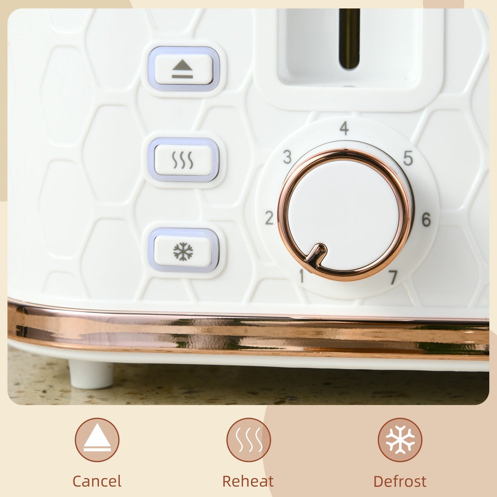 Close up of the controls on the white honeycomb toaster, showing cancel, reheat and defrost buttons