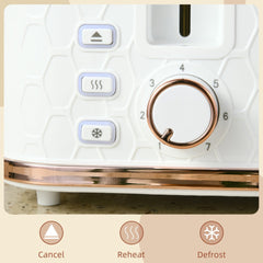 Close up of the controls on the white honeycomb toaster, showing cancel, reheat and defrost buttons