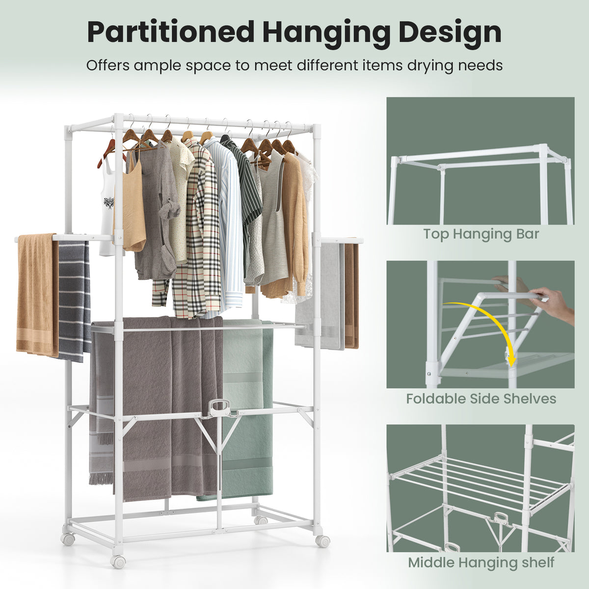 H-shaped Clothes Drying Rack Collapsible with Detachable Middle Shelf-White