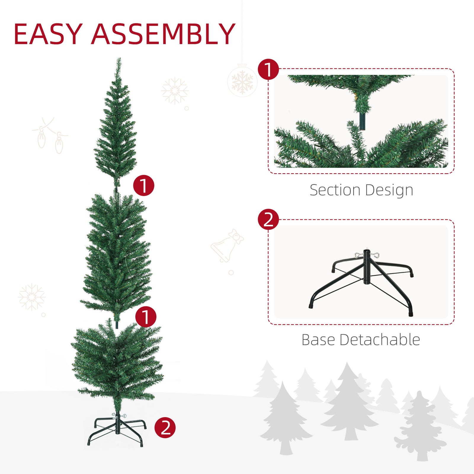 HOMCOM 6' Artificial Prelit Christmas Trees Holiday Décor with Colourful LED Lights, Pencil Shape, Steel Base