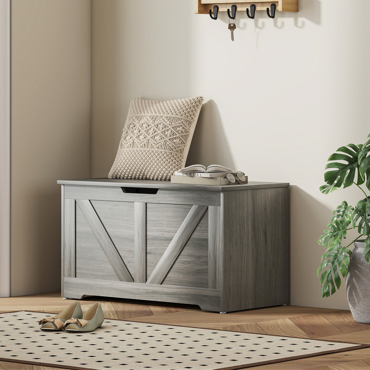 HOMCOM 100L Home Storage Box, with Safety Hinges - Charcoal Grey