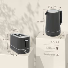 A size diagram showing the dimensions of the kettle and toaster set, with capacity and family size indicated