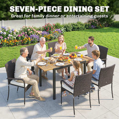 Outsunny 7 Piece Rattan Garden Furniture Set, 6 Seater Garden Table and 6 Stackable Chairs with Extendable Acacia Wood Tabletop