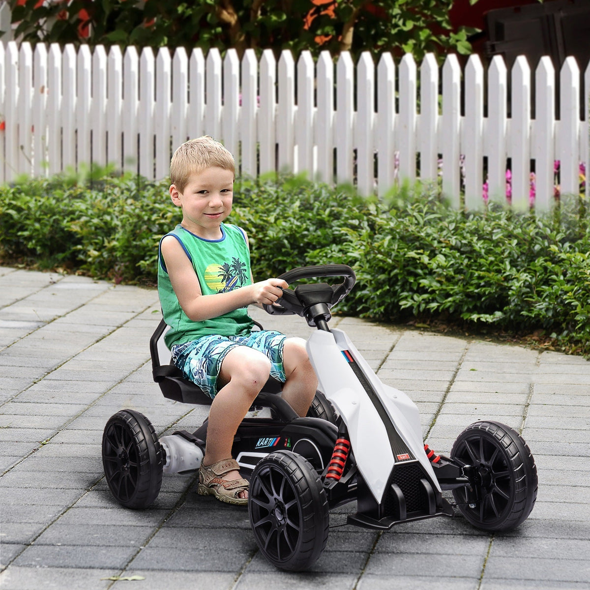 HOMCOM 12V Electric Go-Kart for Kids, Ride-On Racing Go-Kart, with Forward and Reversing Functions, for Ages 3-8 Years - White