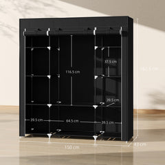 HOMCOM Portable Wardrobe, Foldable Fabric Wardrobe, 150 x 43 x 162.5cm, Clothes Storage Organiser with Hanging Rail, Shelves, Fabric Cover for Bedroom, Black