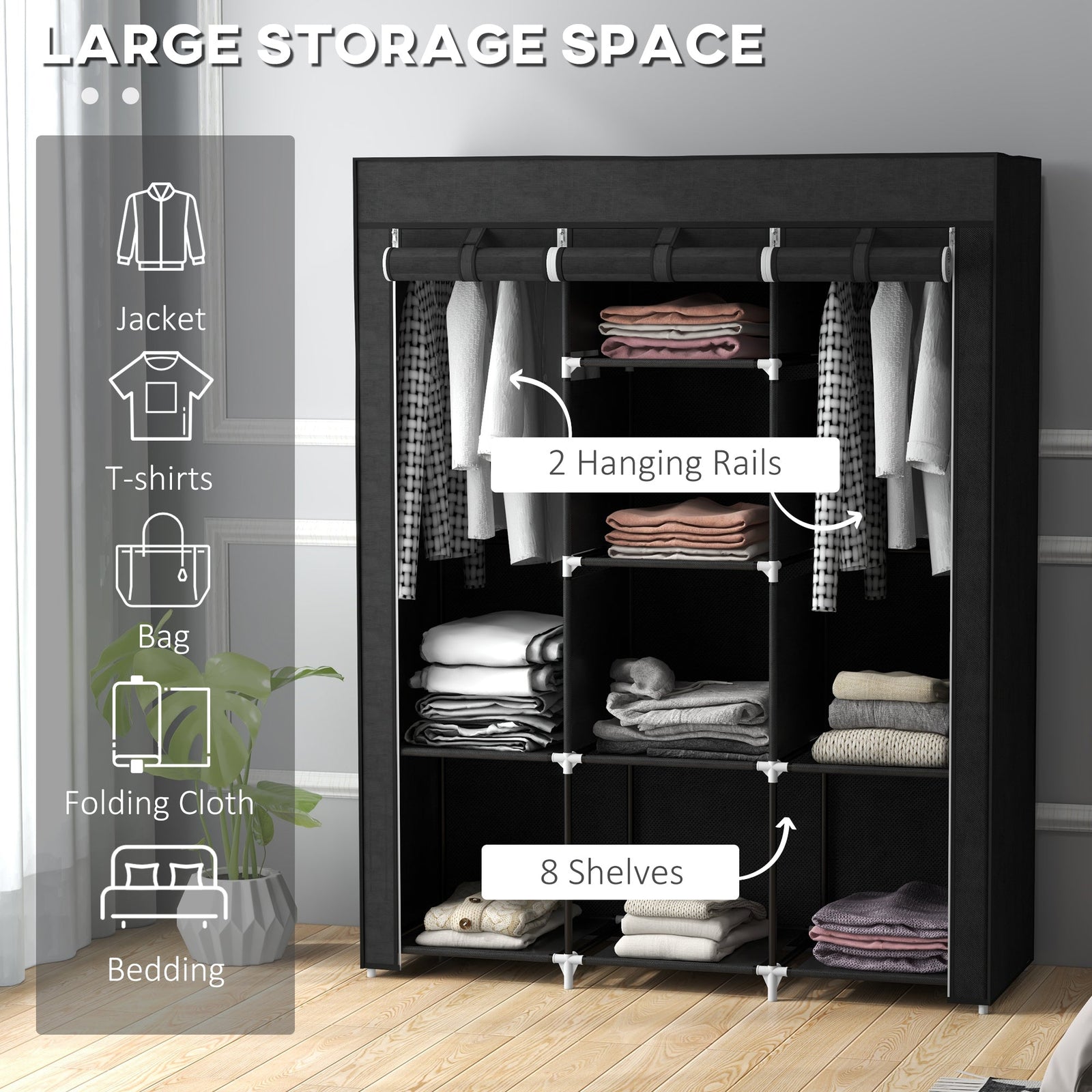 HOMCOM Fabric Wardrobe, with Rails and Shelves - Black