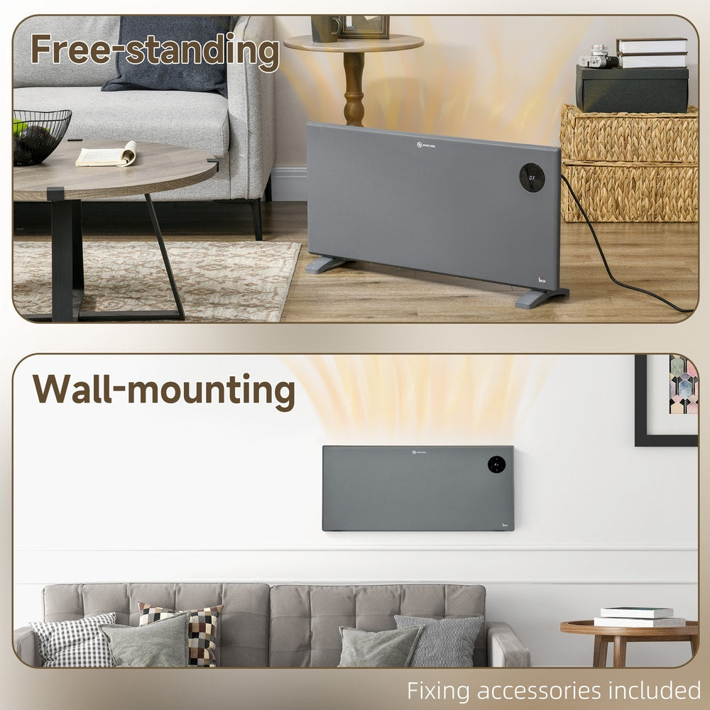 The electric heater shown as a freestanding unit and mounted on a wall with included fixings