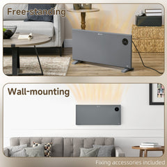 The electric heater shown as a freestanding unit and mounted on a wall with included fixings