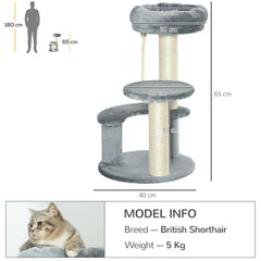 PawHut 65cm Cat Tree, Cat Tower for Kittens, Small Cat Condo with Sisal Scratching Posts, Hanging Rope, Perches - Grey