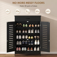 HOMCOM Shoe Cabinet with Louvered Doors, Modern Shoe Storage Cabinet with Drawer and Adjustable Shelves, Black