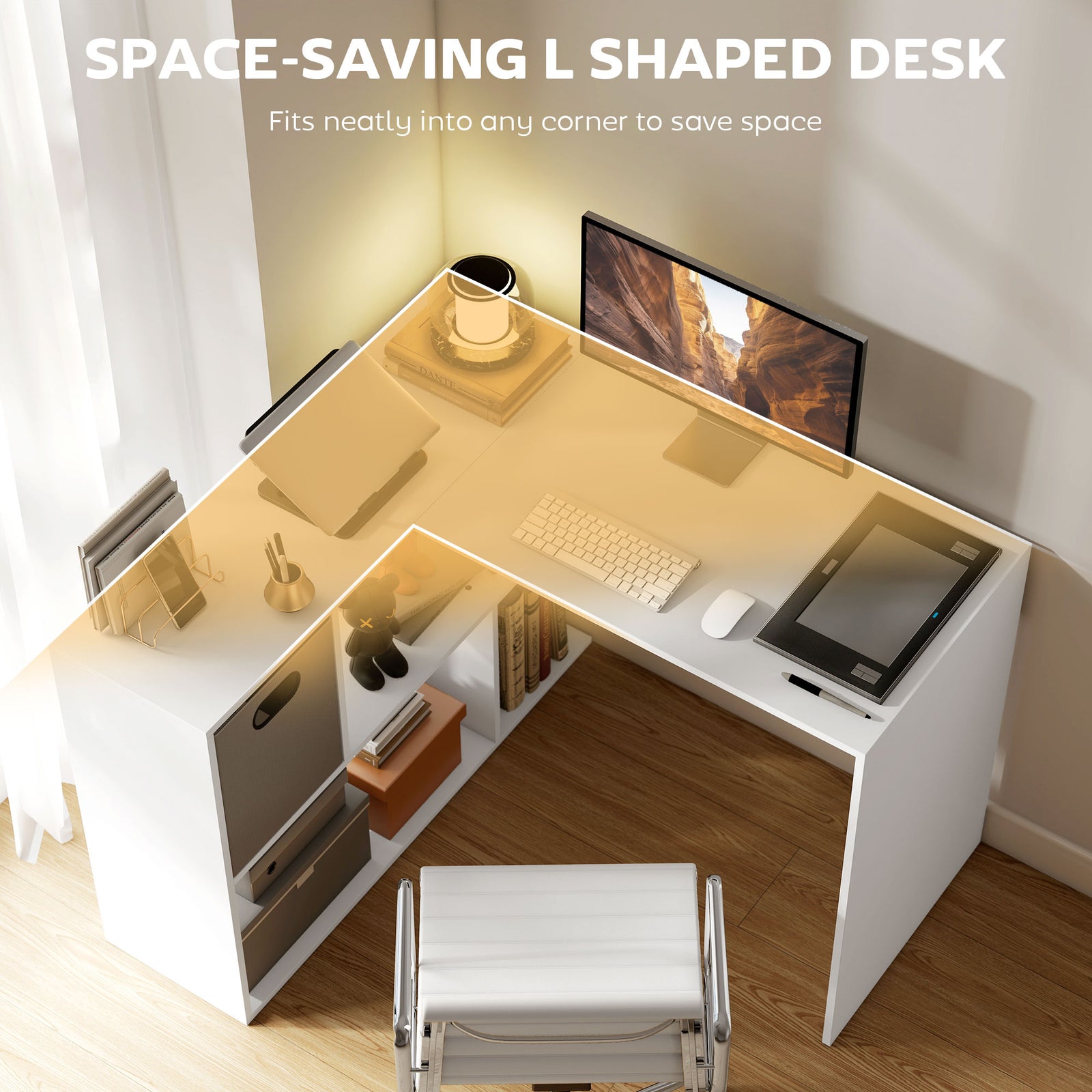 HOMCOM L Shaped Computer Desk, 110 x 100cm Reversible Corner Desk with Fabric Drawer and Storage Shelves, White