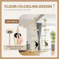 PawHut Floor to Ceiling Cat Tree for Indoor Cats, 6-Tier Play Tower Climbing Activity Center with Scratching Post, Platforms, Bed, Hammock, Adjustable Height 230-250cm, Beige
