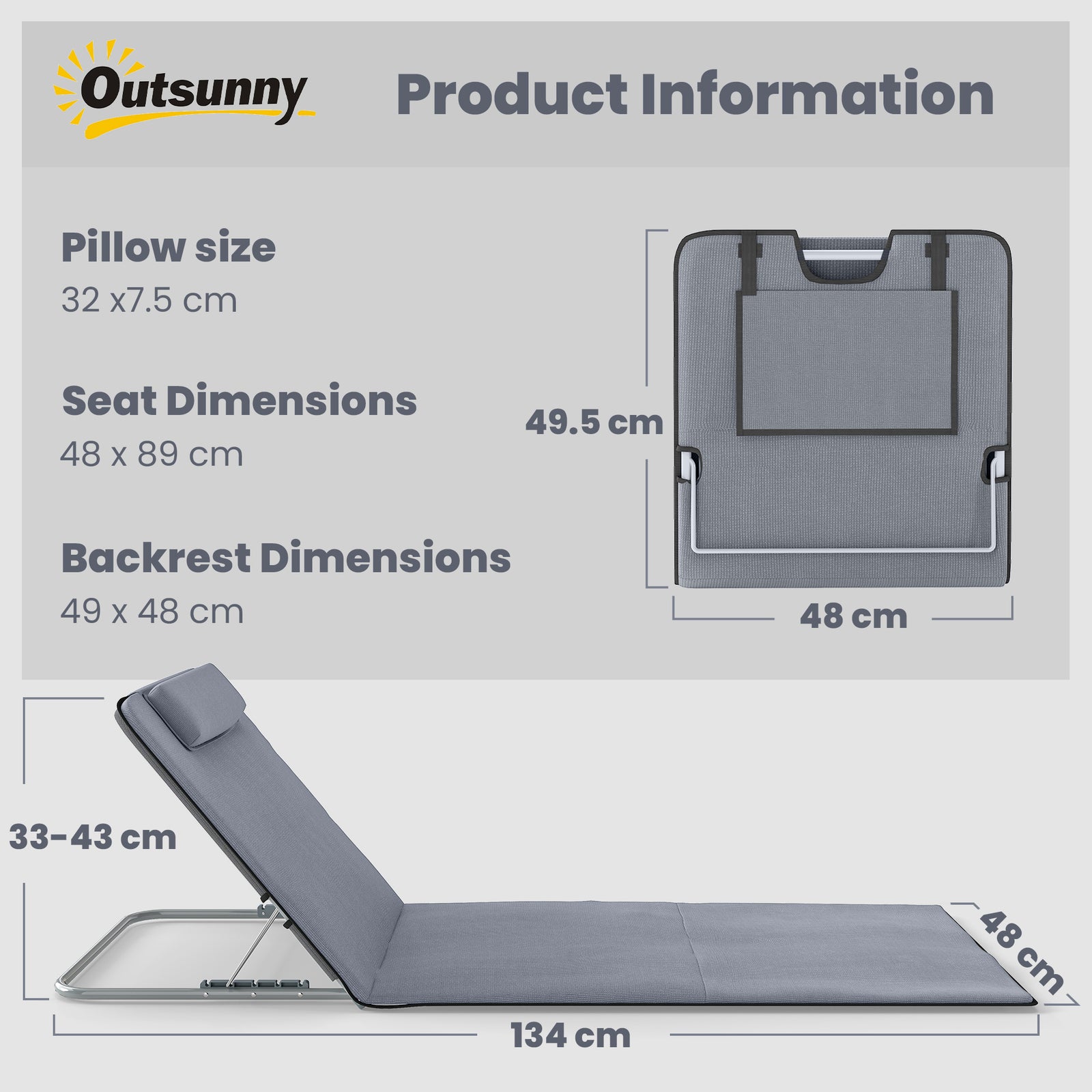 Outsunny Set of 2 Foldable Garden Beach Chair Mat Lightweight Outdoor Sun Lounger Seats Adjustable Back Metal Frame PE Fabric Head Pillow w/ Carry Bag,Grey