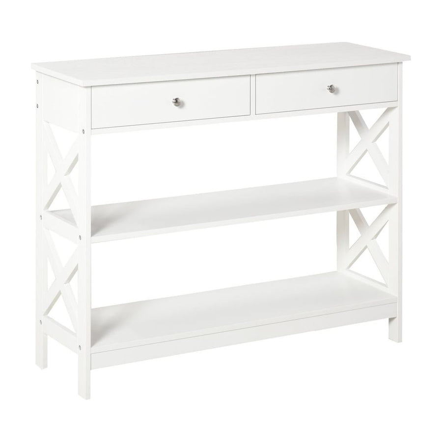 HOMCOM Console Table Side Desk w/ Shelves Drawers Open Top X Support Frame Living Room Hallway Home Office Furniture White