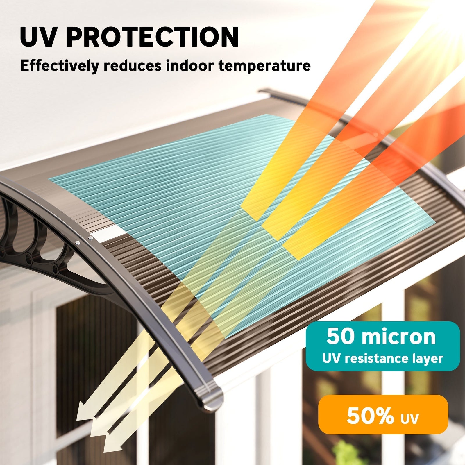 Outsunny Front Door Canopy Outdoor Awning Aluminium Rigid Plastic Polycarbonate Rain Shelter UV Water Rain Resistant 100 x 75cm Brown