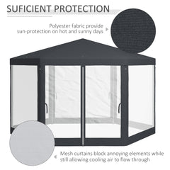 Outsunny 4M Hexagon Gazebo, Netting Party Tent, Patio Canopy Outdoor Event Shelter for Activities, Shade Resistant, Dark Grey