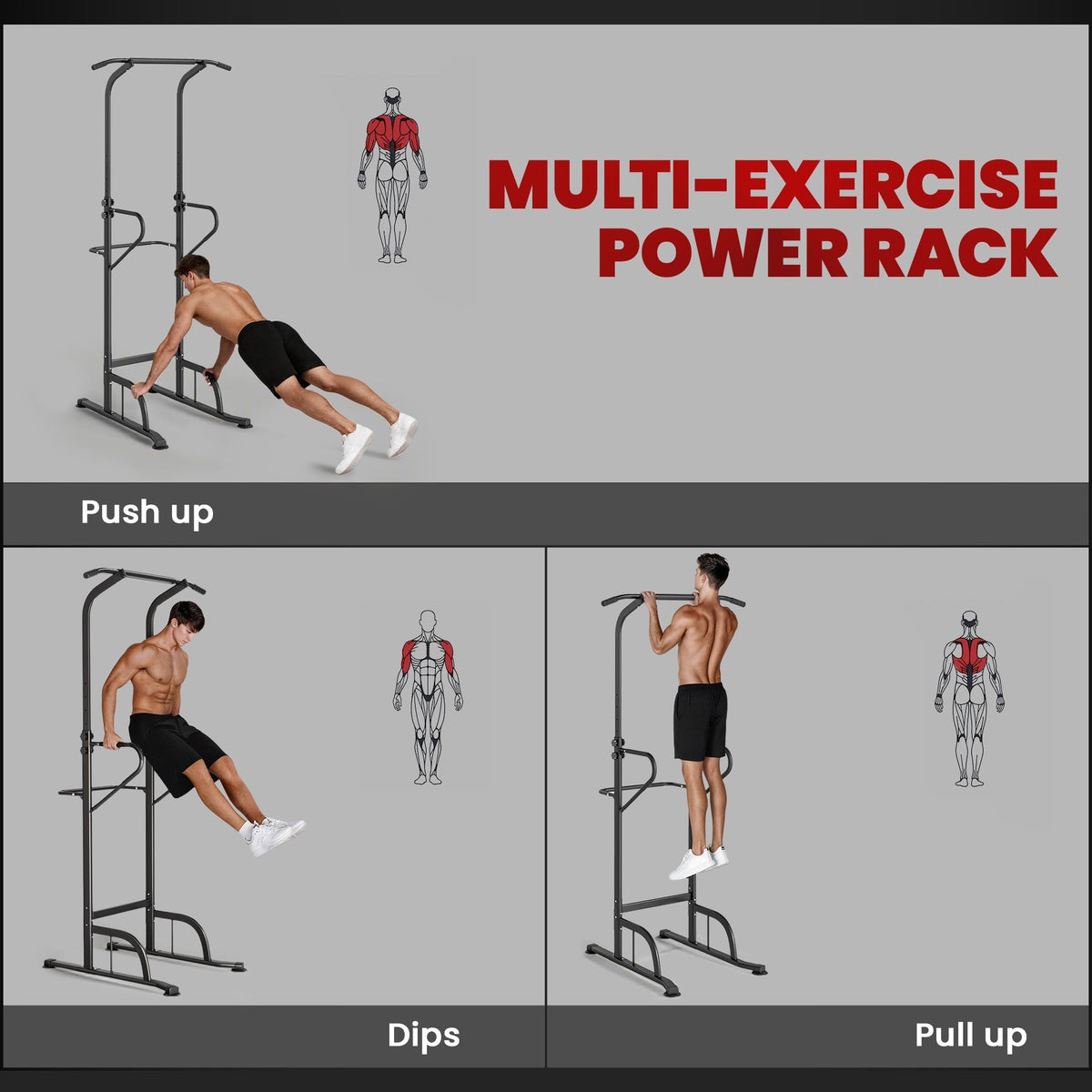 HOMCOM Power Tower Dip Station Pull Up Bar Multi-Function Push Up Equipment with Adjustable Height for Home Gym Strength Training Workout Fitness