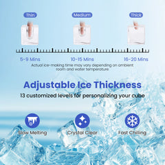 Ice Cube Maker Countertop w/ External Tank & Self-Cleaning 13 Thickness Levels-Silver