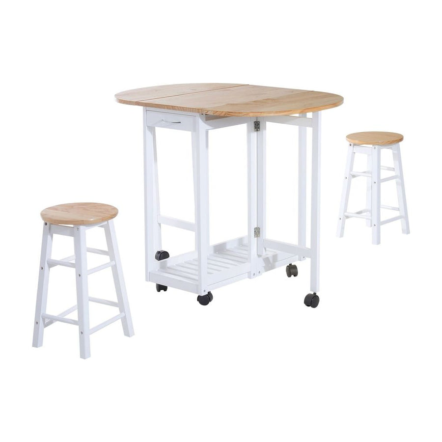 HOMCOM 3 Pieces Dining Room Set, Mobile Foldable Dining Table and 2 Stools with Storage Shelf, 2 Drawers and 6 Wheels, Drop