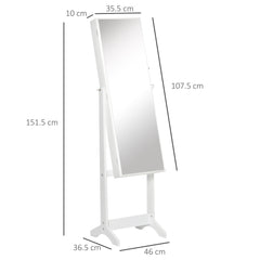 HOMCOM Full Length Mirror with Storage, Jewellery Cabinet with Mirror, Adjustable Angle and Stand, Lockable Jewellery Organiser for Bedroom Dressing Room, White
