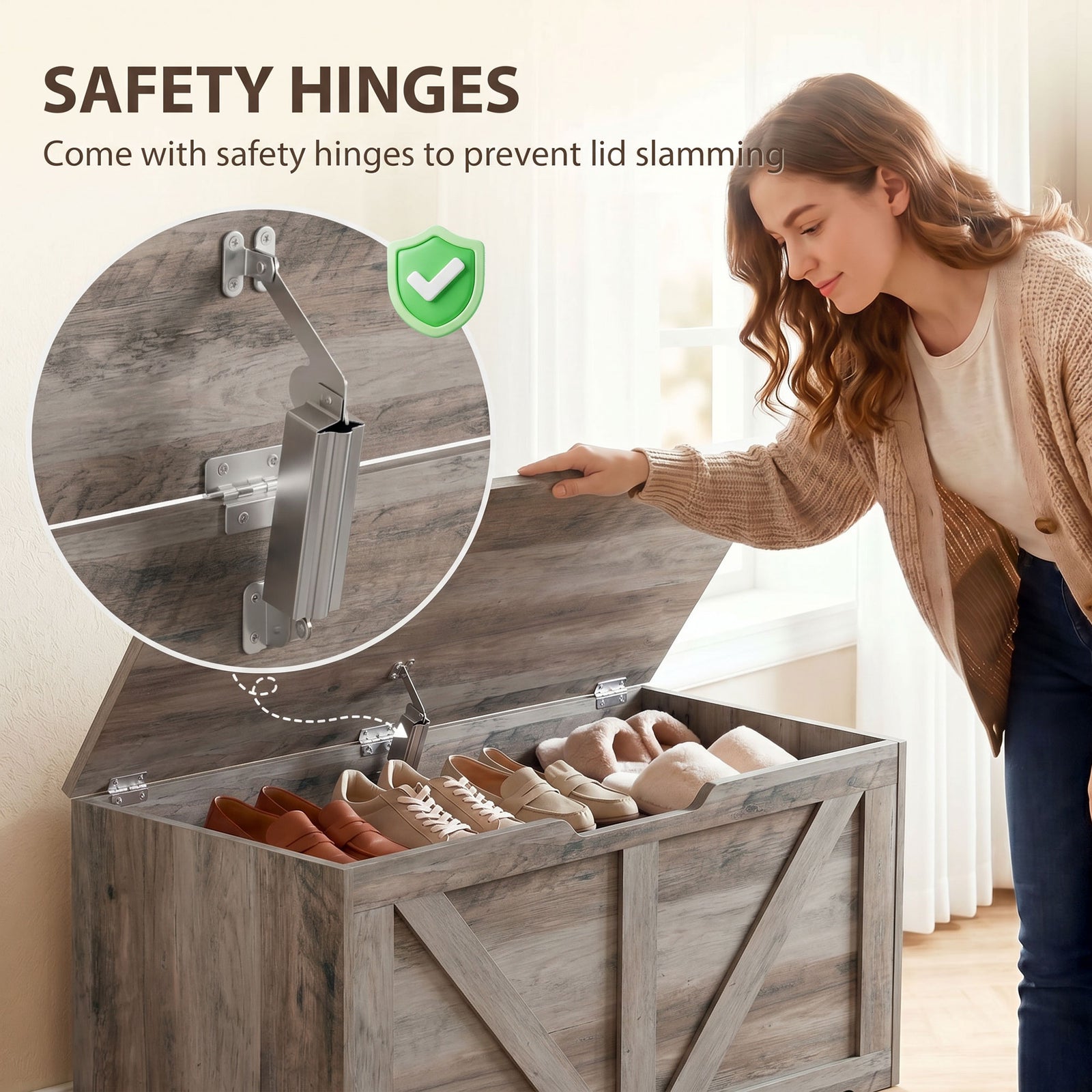 HOMCOM 100L Home Storage Box, with Safety Hinge - Grey Wood-Effect