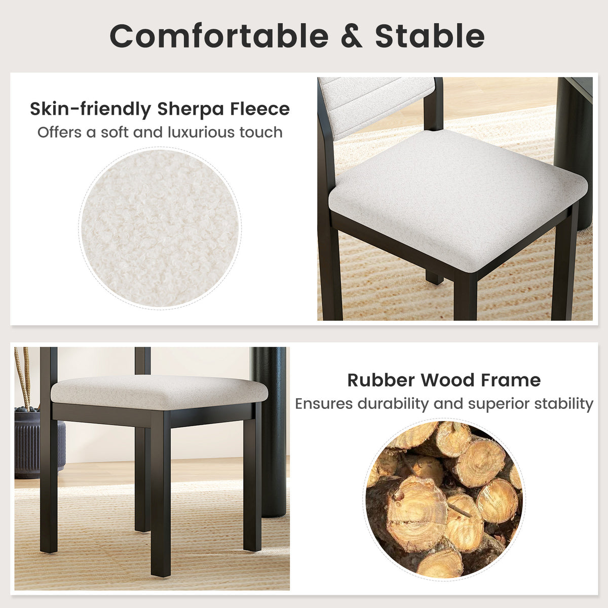 Imitation Lamb Fleece Home Chair with Upholstered Seat and Rubber Wood Legs-White