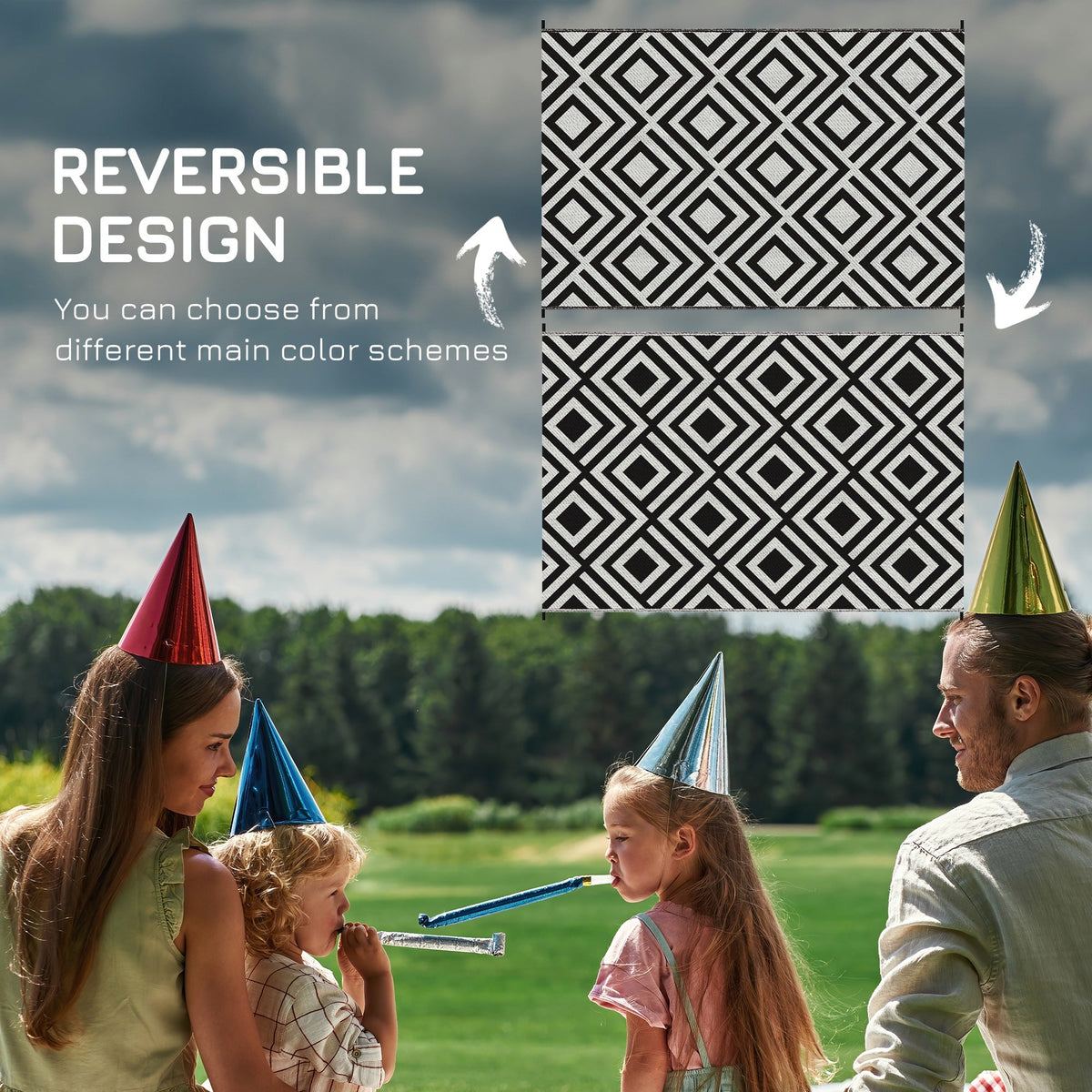 Outsunny Reversible Outdoor Rug, Plastic Straw Mat w/ Carry Bag Ground Stakes for Garden RV Picnic Beach Camping 182x274cm Black