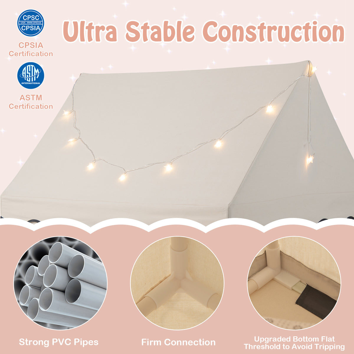 Indoor Kids Play Tent with Star Lights for Children Boys Girls Gift-Beige