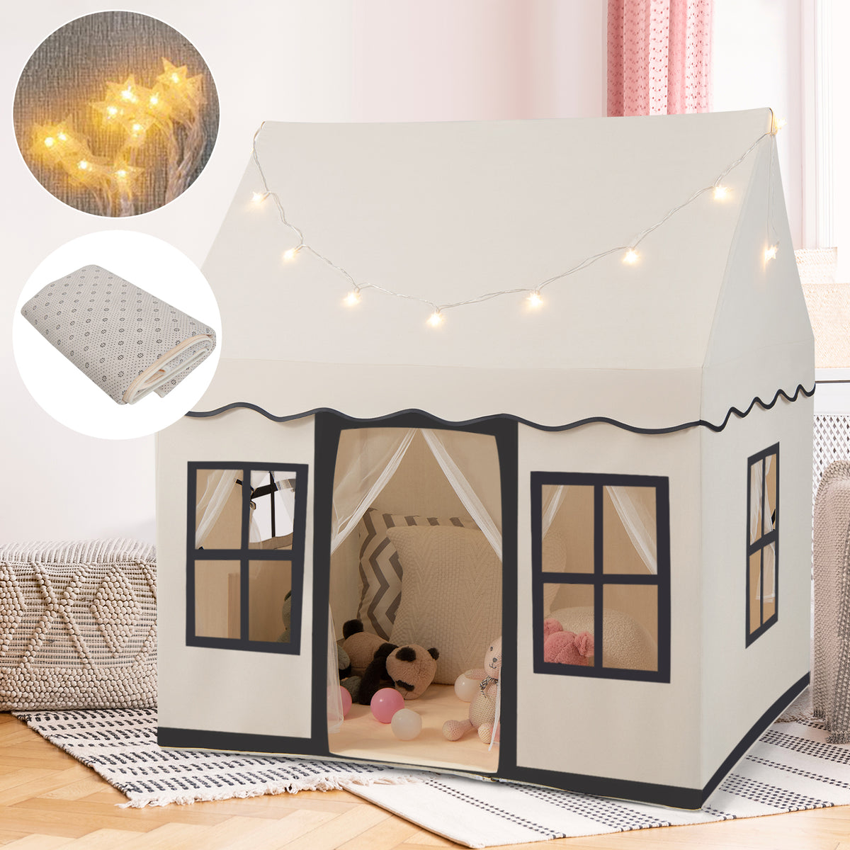 Indoor Kids Play Tent with Star Lights for Children Boys Girls Gift-Beige