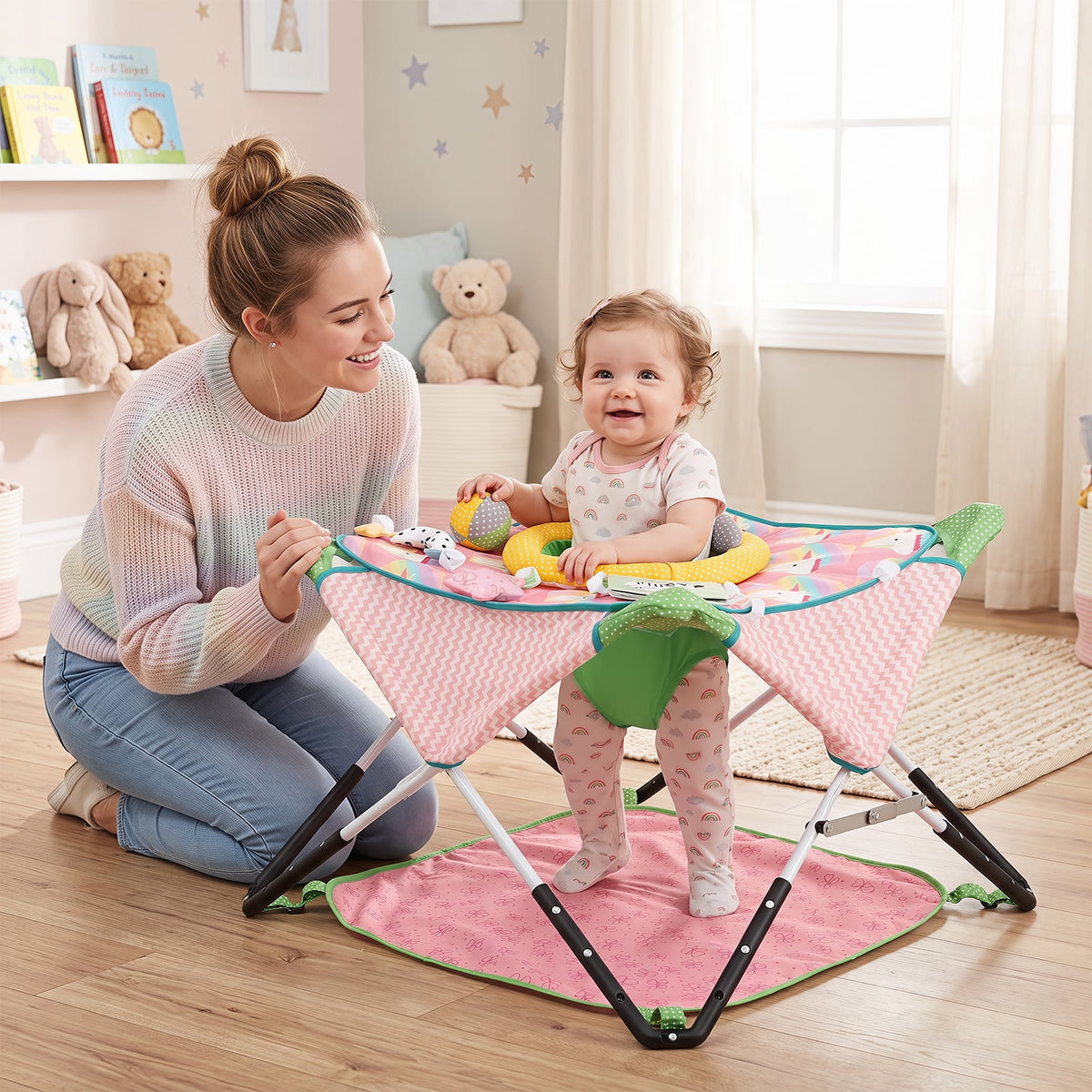 Indoor/Outdoor Infant Activity Center with Interactive Toys and 3 Adjustable Heights for 6+ Months-Pink