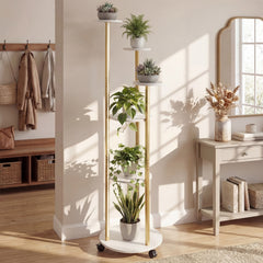 Indoor Plant Stand 6-Tier Corner Shelf with Locking Wheels-White