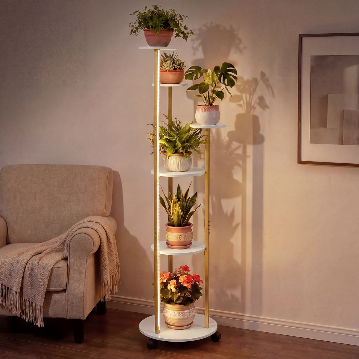 Indoor Plant Stand 6-Tier Corner Shelf with Locking Wheels-White